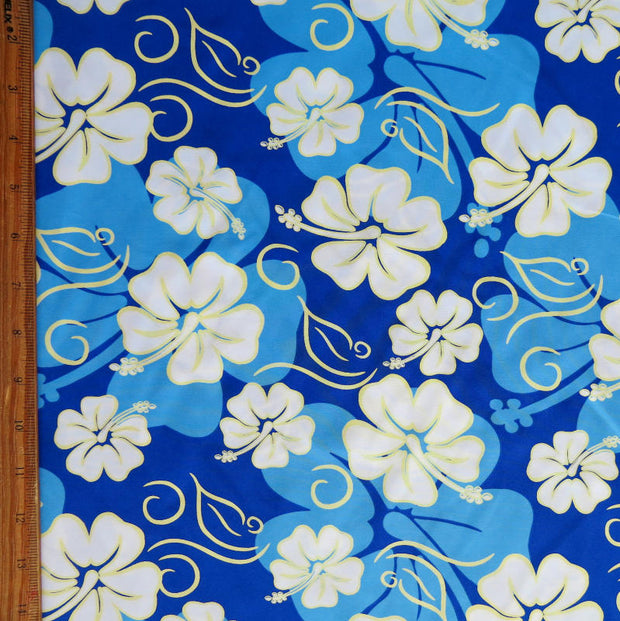 Blue, White, and Yellow Hibiscus Floral on Royal Microfiber Boardshort Fabric