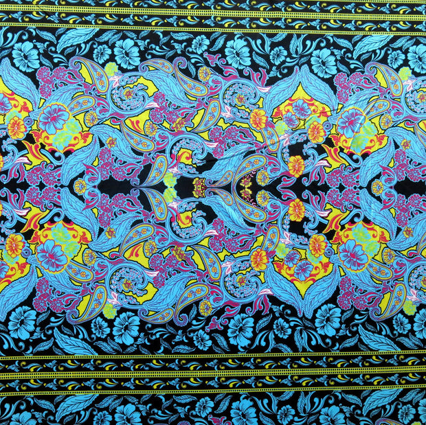 Blue, Yellow, Fuschia, and Black Floral Stripe Nylon Spandex Swimsuit Fabric