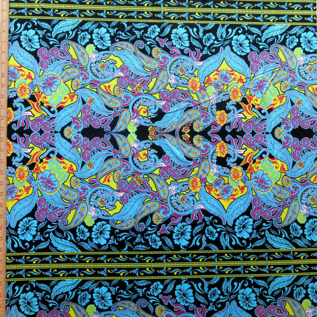 Blue, Yellow, Fuschia, and Black Floral Stripe Nylon Spandex Swimsuit Fabric