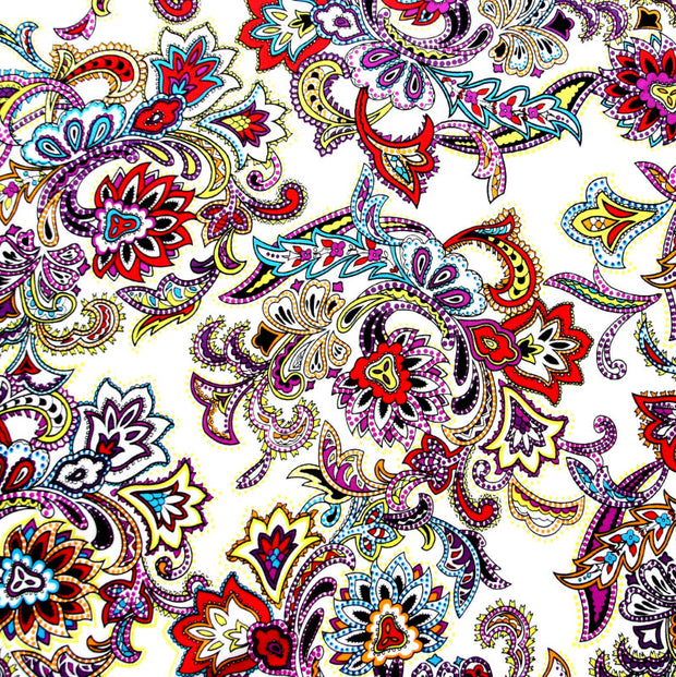 Bright Paisley Floral on White Nylon Lycra Swimsuit Fabric