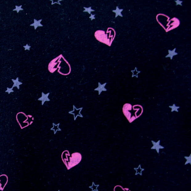 Broken Hearts and Stars on Black Cotton French Terry Fabric