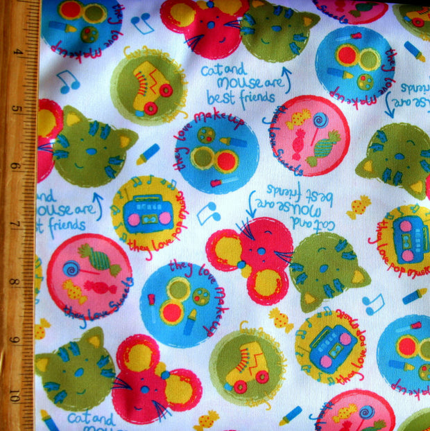 Cat and Mouse Best Friends PUL Knit Fabric, Pink/Lime Colorway
