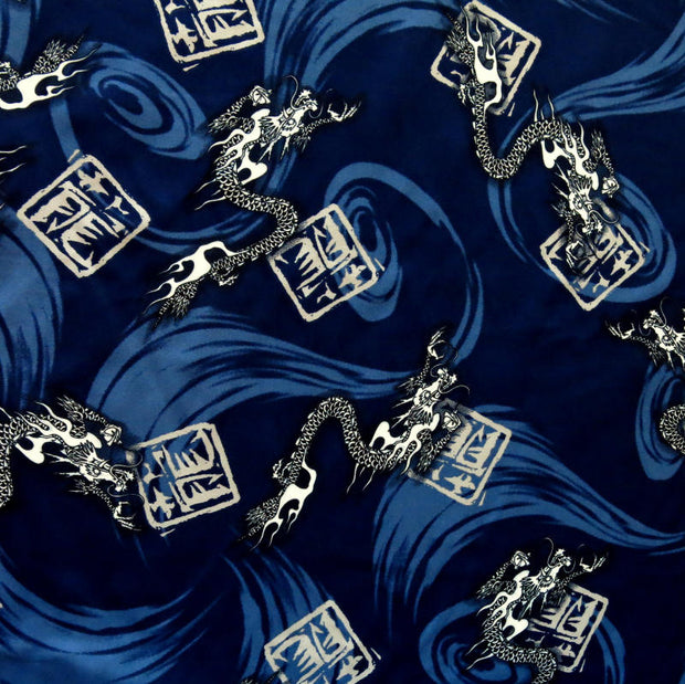 Chinese Dragons on Navy Microfiber Boardshort Fabric - 33" Remnant