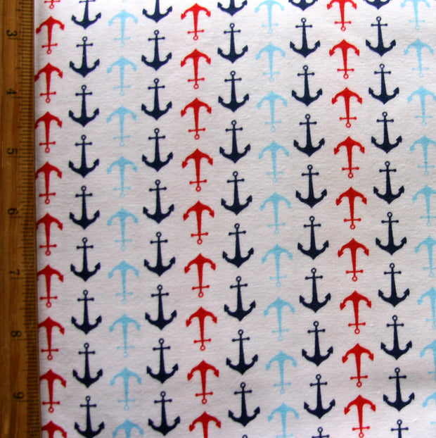 Multi Anchors on White Cotton Lycra Knit Fabric by Riley Blake
