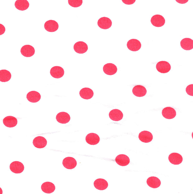 Coral Polka Dots on White Cotton Lycra Knit Fabric