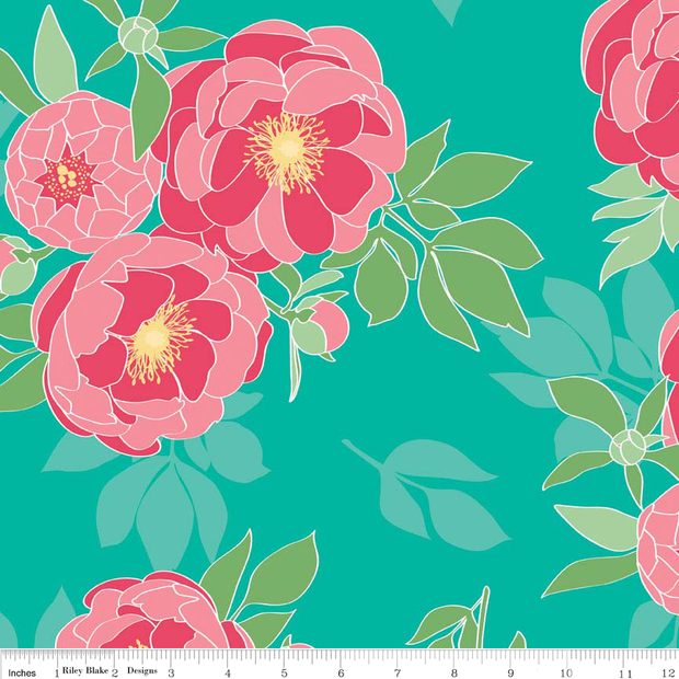 Cottage Main Floral Teal Cotton Lycra Knit Fabric by Riley Blake