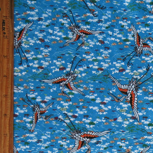 Cranes on Blue Nylon Spandex Swimsuit Fabric