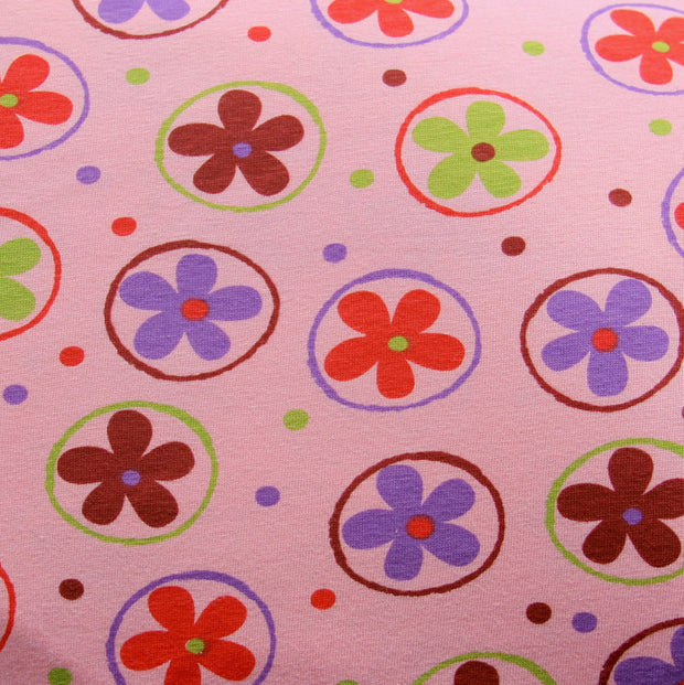Daisies, Dots, and Circles on Pink Cotton Lycra Knit Fabric