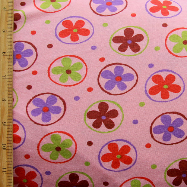 Daisies, Dots, and Circles on Pink Cotton Lycra Knit Fabric