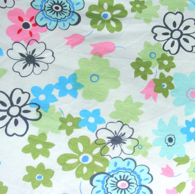 Daisy Delight Cotton Knit Fabric, Blue Colorway
