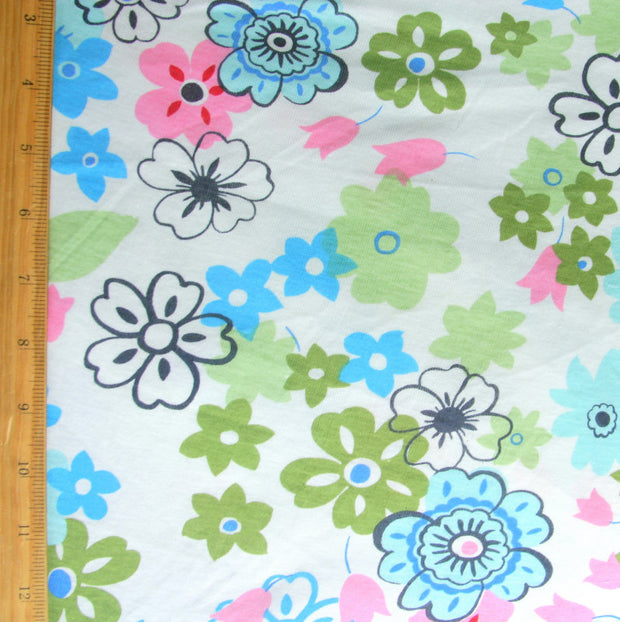 Daisy Delight Cotton Knit Fabric, Blue Colorway