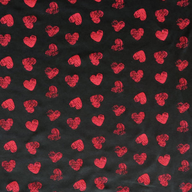 Red Distressed Hearts on Black Cotton Spandex Knit Fabric