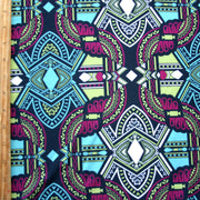 Dark Magenta, Seafoam, and Chartruese Aztec on Charcoal Black Nylon Lycra Swimsuit Fabric