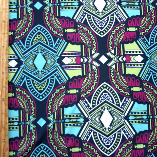 Dark Magenta, Seafoam, and Chartruese Aztec on Charcoal Black Nylon Lycra Swimsuit Fabric