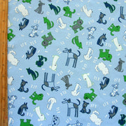 Four Legged Friends Cotton Knit Fabric, Blue Colorway