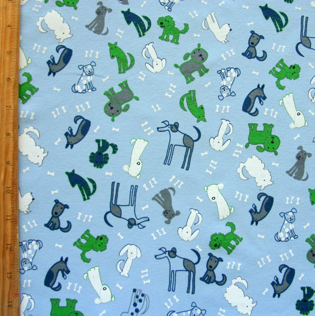 Four Legged Friends Cotton Knit Fabric, Blue Colorway