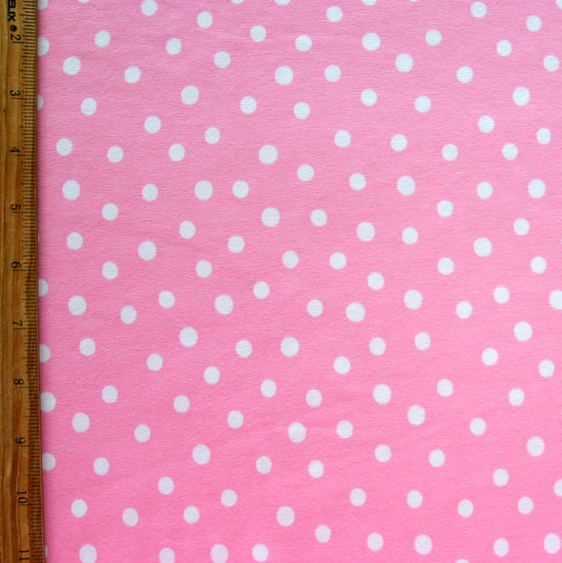 White Dotty Dots on Light Pink Cotton Lycra Knit Fabric
