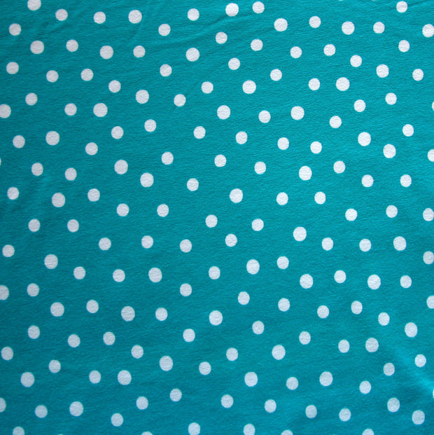 White Dotty Dots on Teal Cotton Lycra Knit Fabric - Seconds - Less Than Perfect