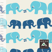 Elephants Organic Cotton Interlock Knit Fabric by Nosh Organics, Capri Blue Colorway