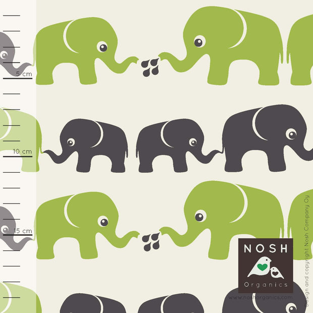 Elephants Organic Cotton Interlock Knit Fabric by Nosh Organics, Green Colorway