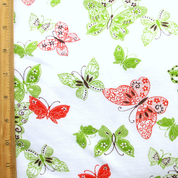 Lacey Butterflies Cotton Knit Fabric, Green Colorway - 34" Remnant Piece