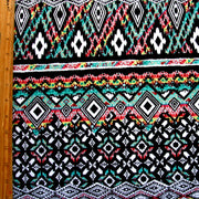 Ethnic Stripe Cotton Lycra Knit Fabric, Seafoam/Yellow/Coral Colorway