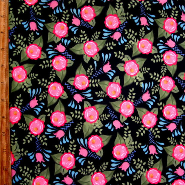 Floral Spray on Black Nylon Lycra Swimsuit Fabric