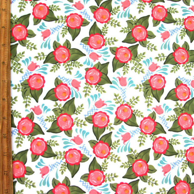 Floral Spray on White Nylon Lycra Swimsuit Fabric
