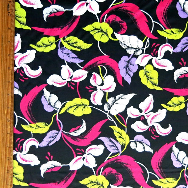 Floral Vines on Black Nylon Spandex Swimsuit Fabric