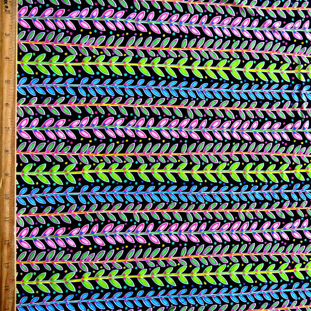 Fluorescent Leaves and Dots Stripe Nylon Spandex Swimsuit Fabric - 33" Remnant