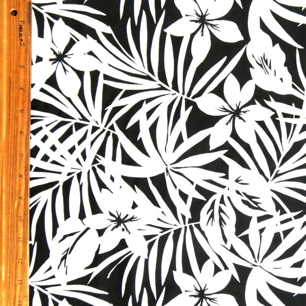 White Fronds and Flowers on Black Nylon Spandex Swimsuit Fabric