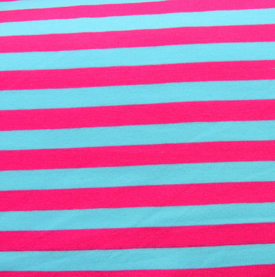Turquoise Blue and Fuschia 3/8" wide Stripe Cotton Lycra Knit Fabric