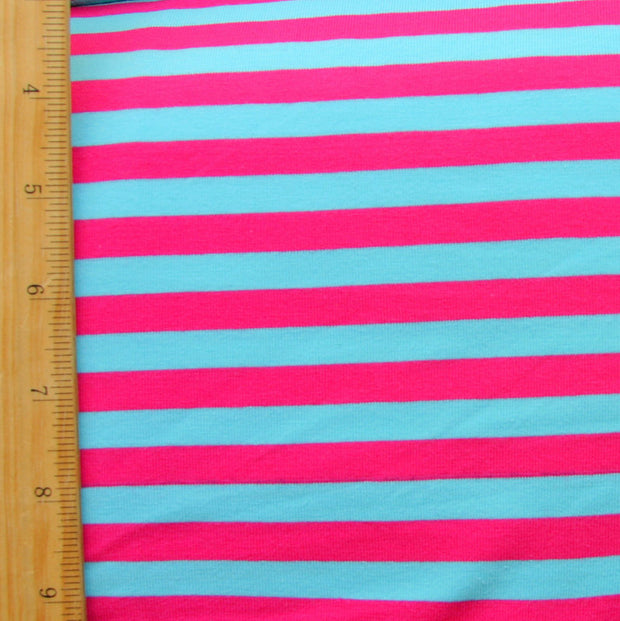 Turquoise Blue and Fuschia 3/8" wide Stripe Cotton Lycra Knit Fabric