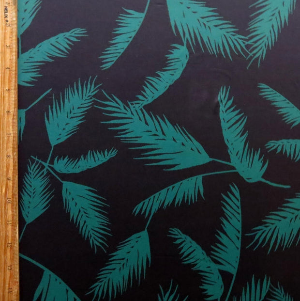 Green Ferns on Black Nylon Spandex Swimsuit Fabric