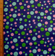 Green, Aqua, and Lavender Bubble Dots on Purple Cotton Lycra Knit Fabric