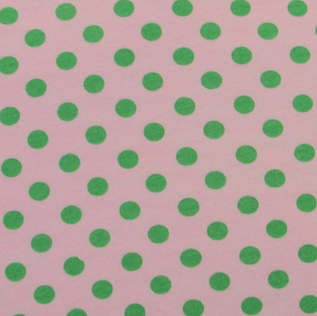 Green Polka Dots on Pink Cotton Modal Knit Fabric