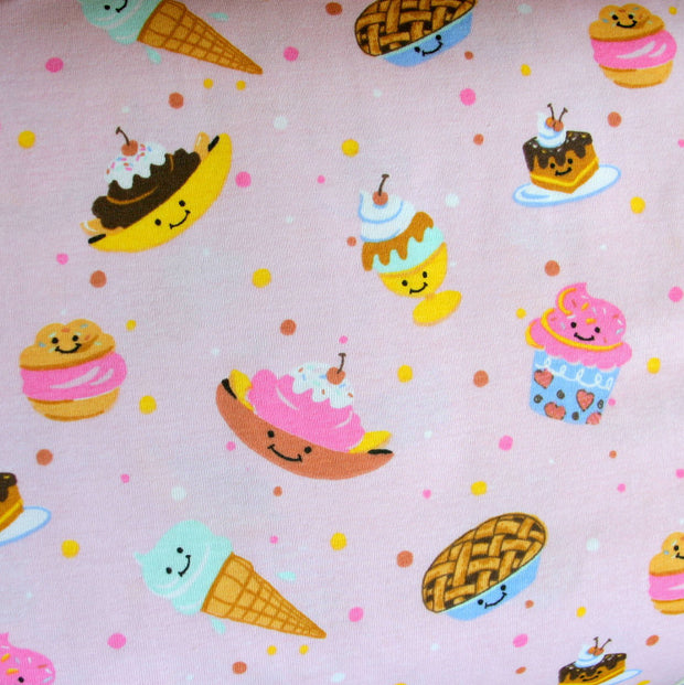 Happy Treats on Pink Cotton Knit Fabric