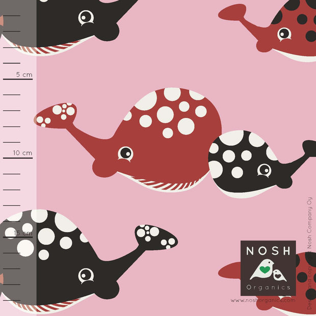 Happy Whale Organic Cotton Lycra Knit Fabric by Nosh Organics, Pink Powder Colorway