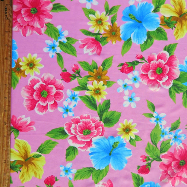 Hawaiian Floral on Pink Nylon Spandex Swimsuit Fabric
