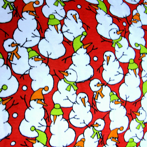 Holiday Snowmen on Red Cotton Interlock Fabric