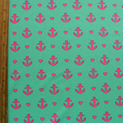 Hot Pink Anchors and Hearts on Bright Mint Nylon Lycra Swimsuit Fabric