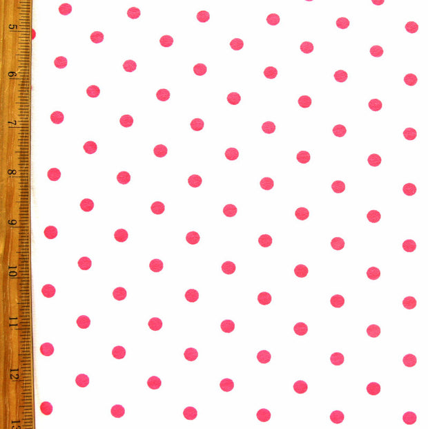 Hot Pink Aspirin Polka Dots on White Cotton Knit Fabric
