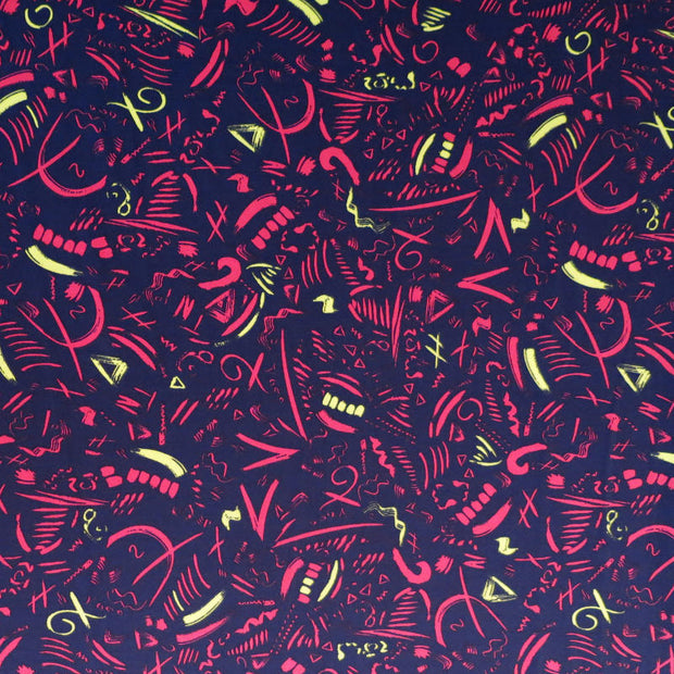 Hot Pink and Yellow Symbols on Navy Nylon Spandex Swimsuit Fabric