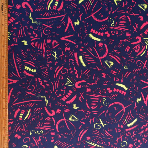 Hot Pink and Yellow Symbols on Navy Nylon Spandex Swimsuit Fabric