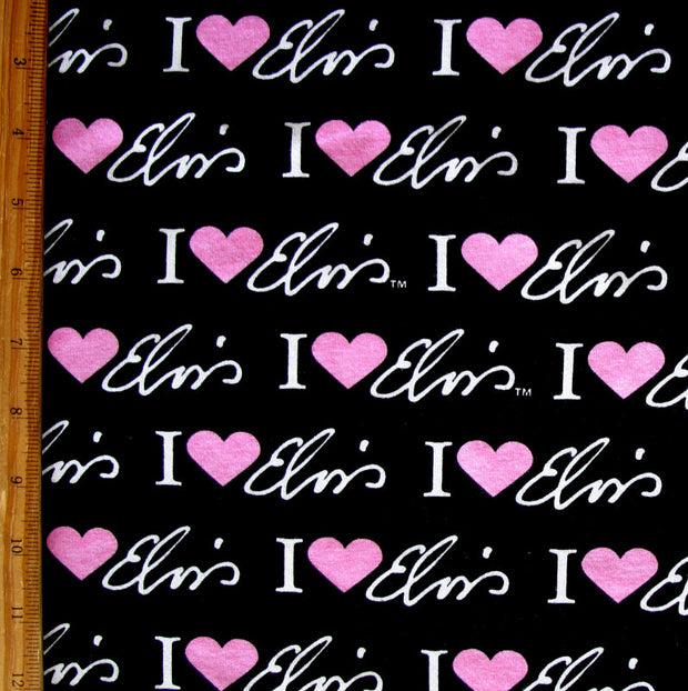 I Heart Elvis on Black Cotton Knit Fabric