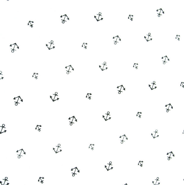 Tiny Anchors on White Cotton Knit Fabric