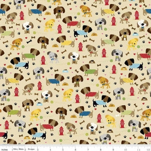 Rover Dog Park Tan Cotton Lycra Knit Fabric by Riley Blake
