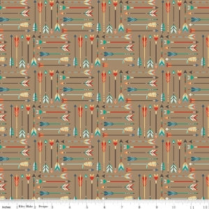 Tan Adventure Arrow Cotton Lycra Knit Fabric by Riley Blake