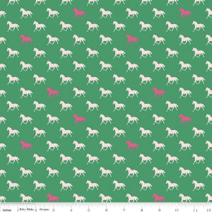 Green Derby Horses Cotton Lycra Knit Fabric by Riley Blake - 30" Remnant