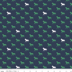 Navy Derby Horses Cotton Lycra Knit Fabric by Riley Blake